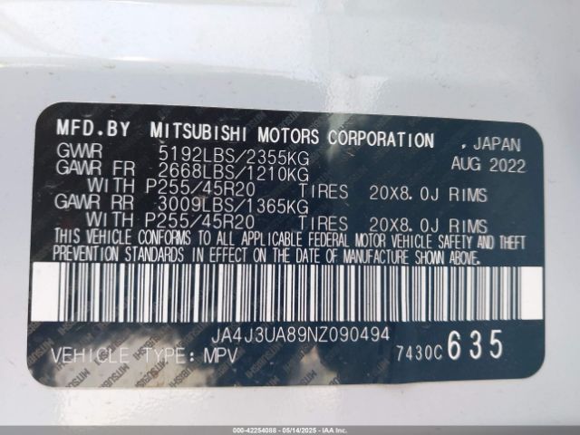 JA4J3UA89NZ090494 Mitsubishi 2022