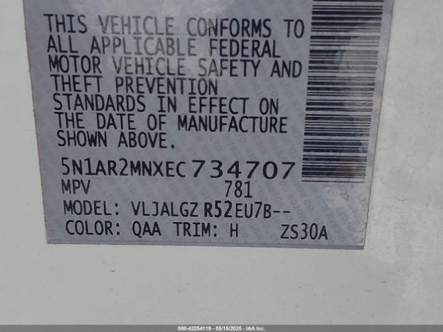 5N1AR2MNXEC734707 Nissan Pathfinder Sl