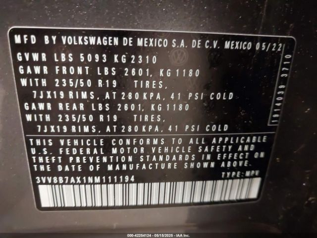 3VV8B7AX1NM111194 Volkswagen Tiguan 2.0t Se R-line Black