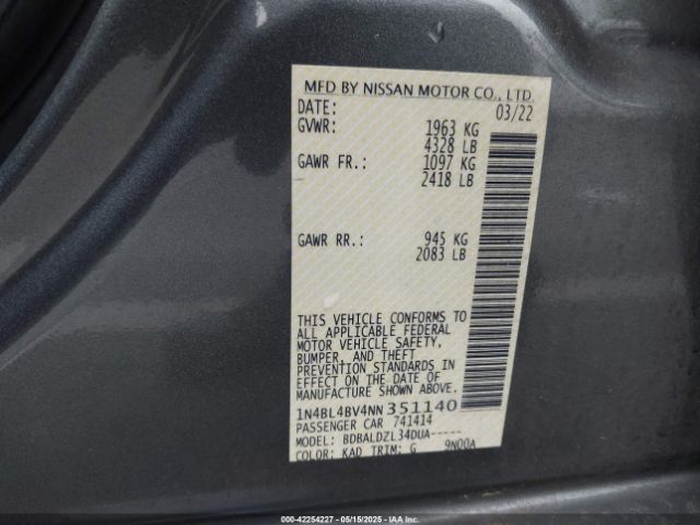 1N4BL4BV4NN351140 Nissan Altima S Fwd