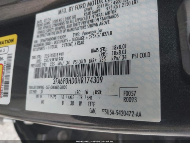 3FA6P0HD0HR174309 Ford FUSION SE