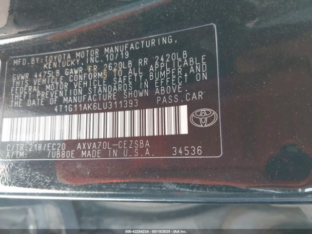 2020 TOYOTA CAMRY 4T1G11AK6LU311393 Photo 8
