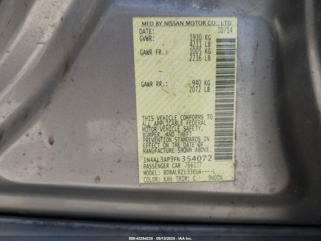 1N4AL3AP3FN354072 Nissan Altima 2.5 Sl