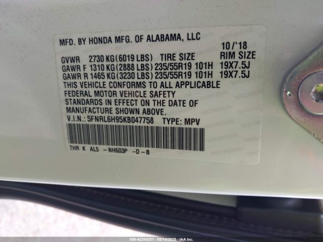 5FNRL6H95KB047758 Honda Odyssey Elite