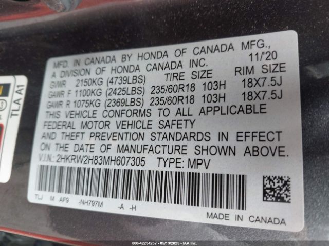 2HKRW2H83MH607305 Honda Cr-v Awd Ex-l
