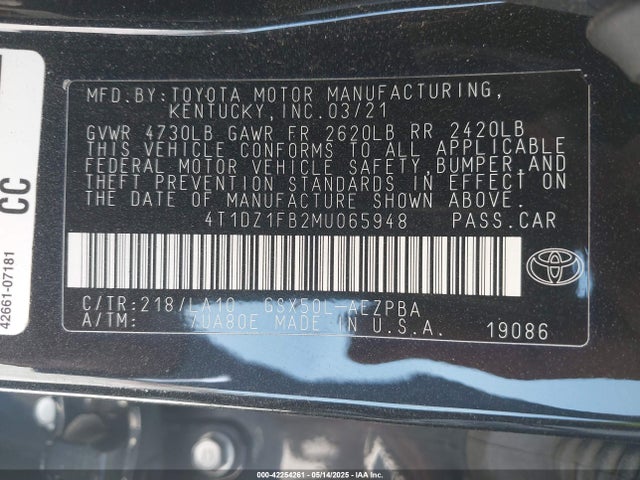 42254261 :رقم المزاد ، 4T1DZ1FB2MU065948 vin ، 2021 Toyota Avalon Limited مزاد بيع