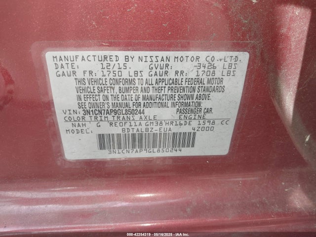3N1CN7AP9GL850244 Nissan Versa 1.6 S/1.6 S+/1.6 Sl/1.6 Sv