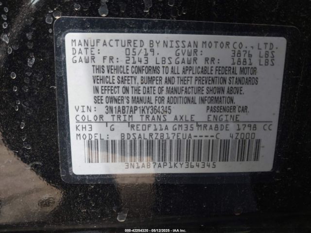 3N1AB7AP1KY364345 Nissan 2019