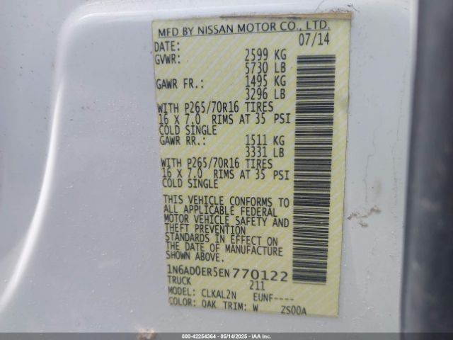 1N6AD0ER5EN770122 Nissan Frontier Sv