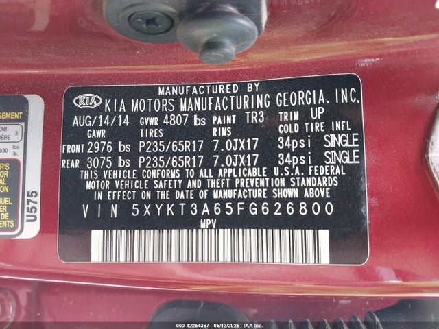 5XYKT3A65FG626800 KIA SORENTO LX