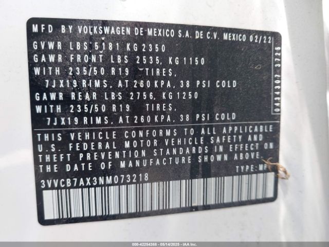 3VVCB7AX3NM073218 Volkswagen Tiguan