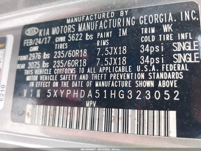 5XYPHDA51HG323052 KIA Sorento 3.3l Ex