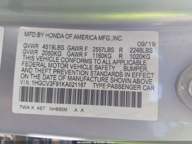 1HGCV3F91KA021167 Honda Accord Hybrid Touring