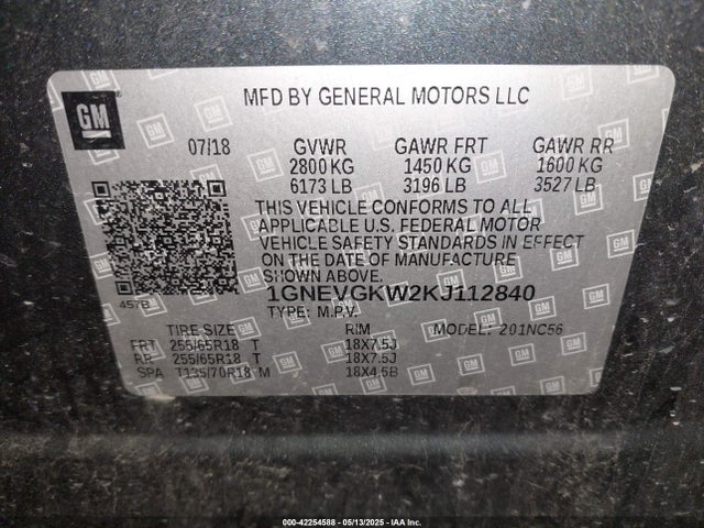 1GNEVGKW2KJ112840 Chevrolet Traverse 1lt