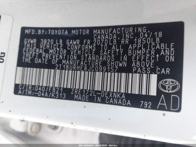 2T1BURHE8JC099157 Toyota COROLLA LE