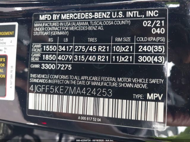 4JGFF5KE7MA424253 Mercedes-Benz Gls 450 4matic