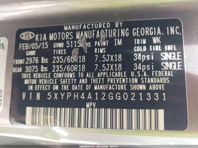 5XYPH4A12GG021331 KIA Sorento 2.0t Ex