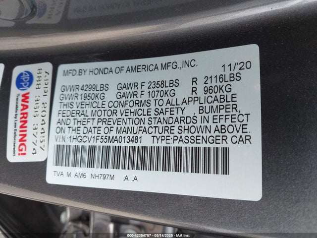 1HGCV1F55MA013481 Honda Accord Ex-l