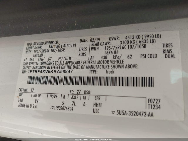 1FTBF4XV6KKA58847 Ford 2019