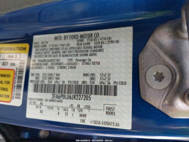 3FA6P0LU6JR227205 Ford Fusion Hybrid Se