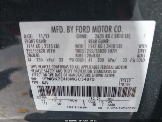 1FMSK7DH8MGC34875 Ford EXPLORER XLT