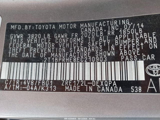 2T1BPRHE8EC210903 Toyota Corolla Le Eco