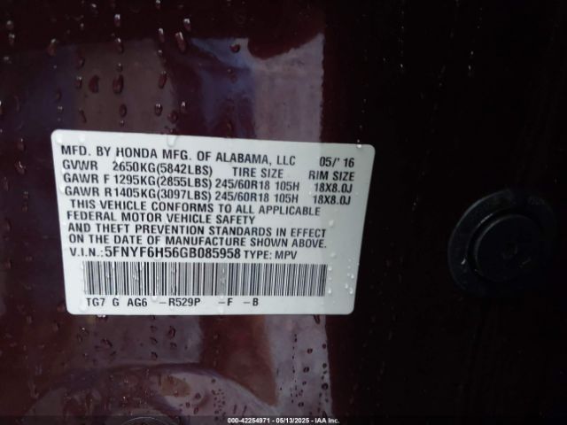 5FNYF6H56GB085958 Honda Pilot Ex-l