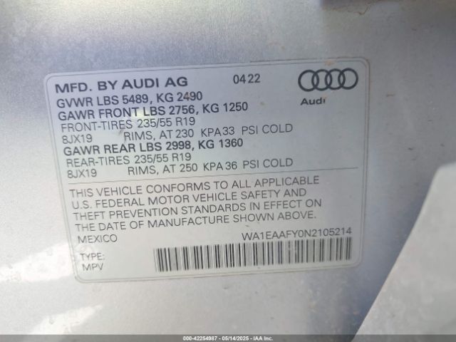 WA1EAAFY0N2105214 Audi Q5 Premium Plus 45 Tfsi S Line Quattro S Tronic