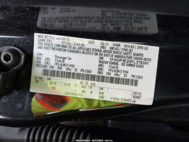 1FADP3E22FL378391 Ford FOCUS S