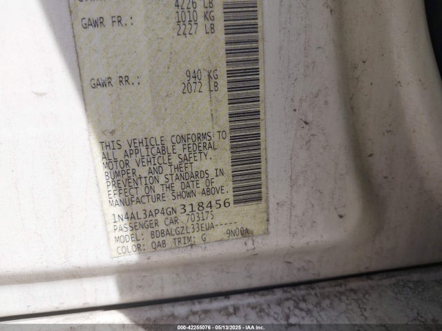 1N4AL3AP4GN318456 Nissan Altima 2.5/2.5 S/2.5 Sl/2.5 Sr/2.5 Sv