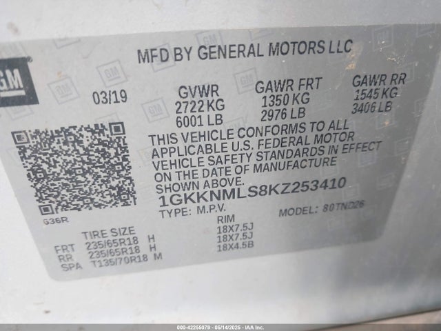 1GKKNMLS8KZ253410 GMC lgx - direct injection, variable valve timing, alum, gen 2