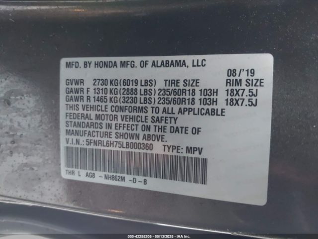5FNRL6H75LB000360 Honda Odyssey Ex-l/ex-l W/navi   Res