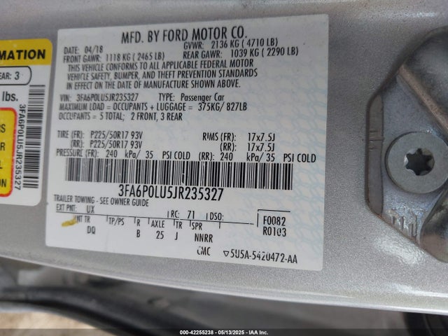 3FA6P0LU5JR235327 Ford 2.0l 4v atk hev
