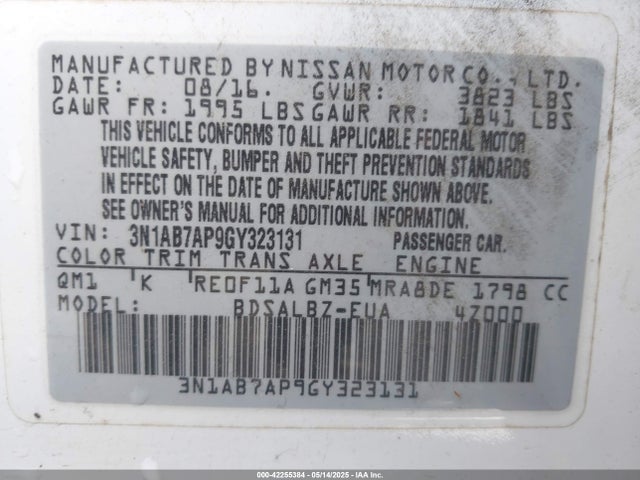 3N1AB7AP9GY323131 Nissan SENTRA S