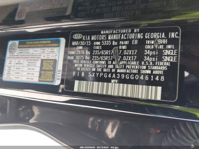 5XYPG4A39GG046148 KIA Sorento 2.4l Lx