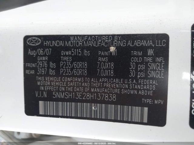 Продаж на аукціоні авто 2008 Hyundai Santa Fe Limited/se, vin: 5NMSH13E28H137838, номер лоту: 42255492