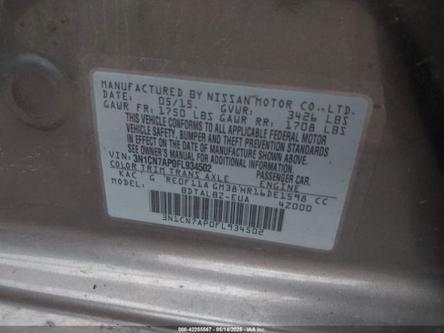 3N1CN7AP0FL934502 Nissan Versa 1.6 S/1.6 S+/1.6 Sl/1.6 Sv