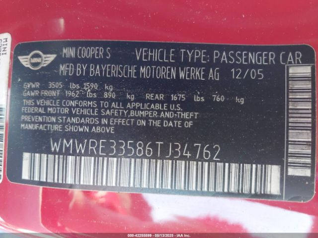 2006 MINI COOPER S WMWRE33586TJ34762 Photo 8