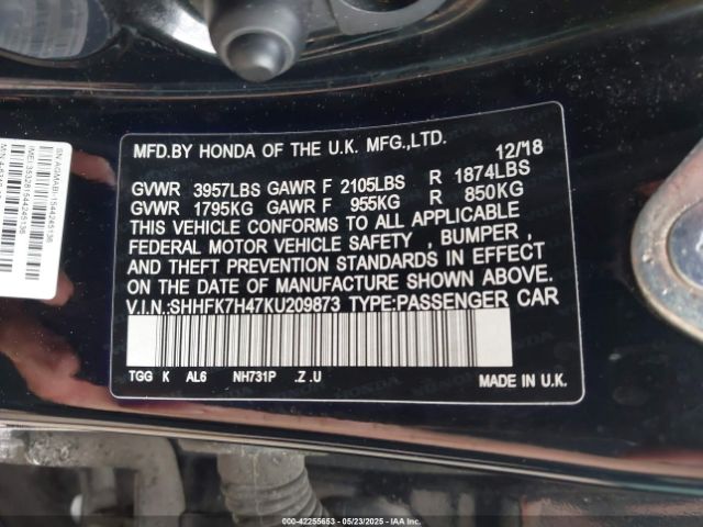SHHFK7H47KU209873 Honda Civic Sport