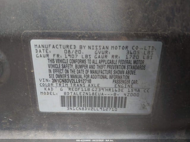 3N1CN8DV2LL912710 Nissan Versa S Xtronic Cvt