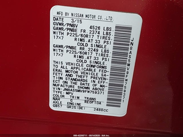 JN8AS5MV9FW759371 Nissan 2015