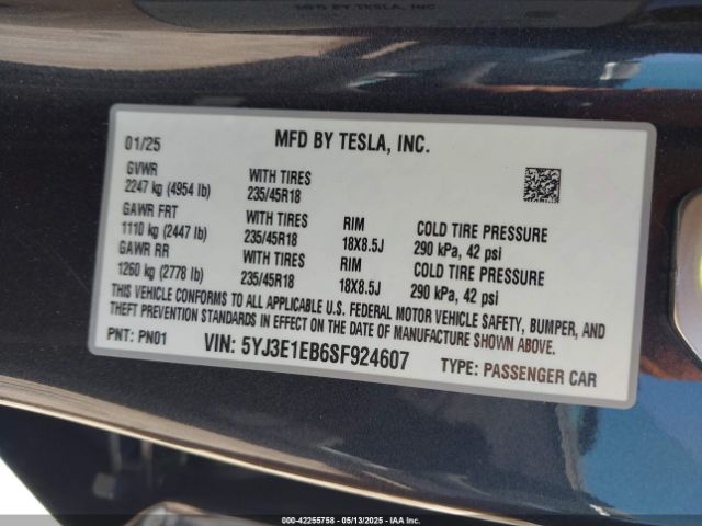 2025 TESLA MODEL 3 5YJ3E1EB6SF924607 Photo 8