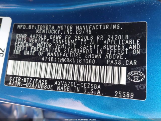 4T1B11HK8KU161060 Toyota CAMRY SE