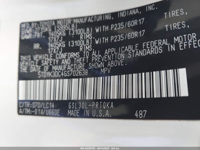 5TDYK3DC4GS702638 Toyota Sienna Xle 8 Passenger