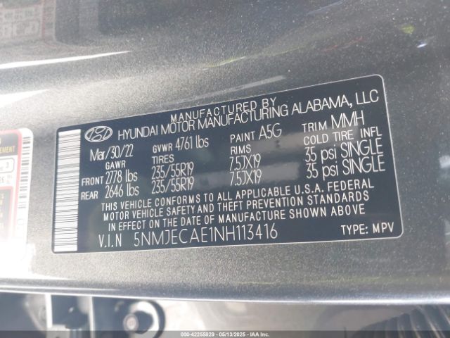 5NMJECAE1NH113416 Hyundai Tucson Limited