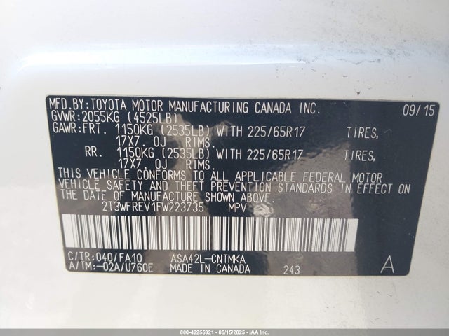 2T3WFREV1FW223735 Toyota Rav4 Xle