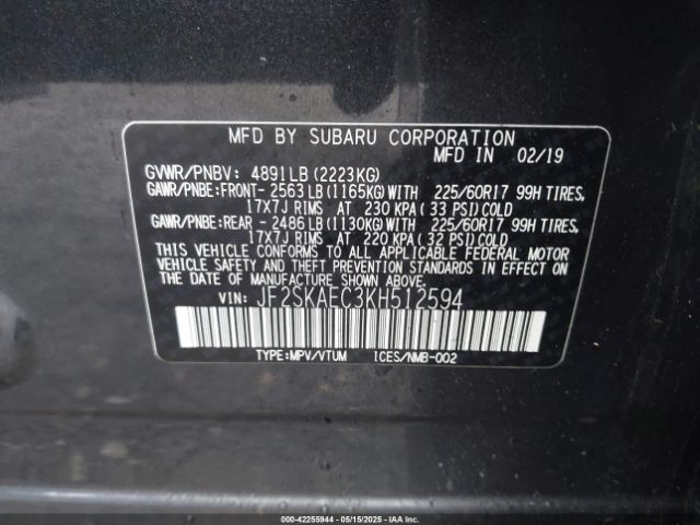 JF2SKAEC3KH512594 Subaru Forester Premium