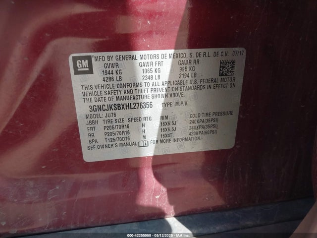 42255958 :رقم المزاد ، 3GNCJKSBXHL276356 vin ، 2017 Chevrolet Trax Ls مزاد بيع