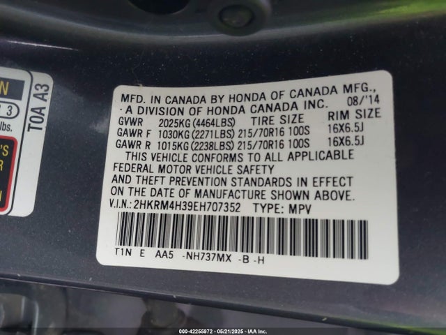 2HKRM4H39EH707352 Honda CR-V LX