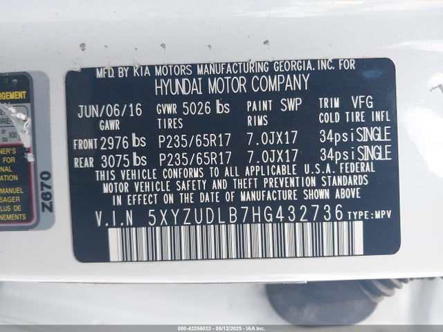5XYZUDLB7HG432736 Hyundai Santa Fe Sport 2.4l